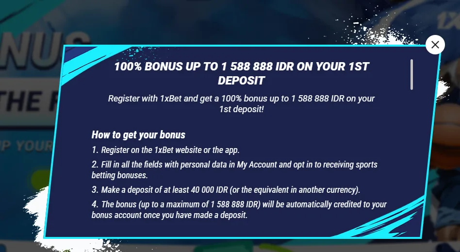 Syarat bonus 100% hingga Rp1.588.888 untuk deposit pertama di 1xBet