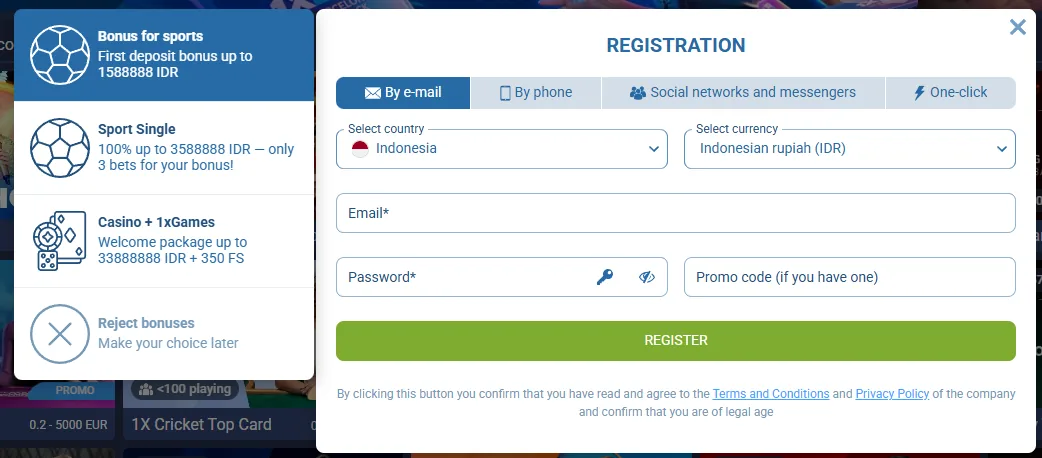 Formulir pendaftaran 1xBet untuk Indonesia dengan pilihan bonus selamat datang dan mata uang IDR
