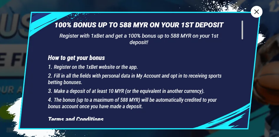 Terma bonus 100% sehingga RM588 untuk deposit pertama di 1xBet