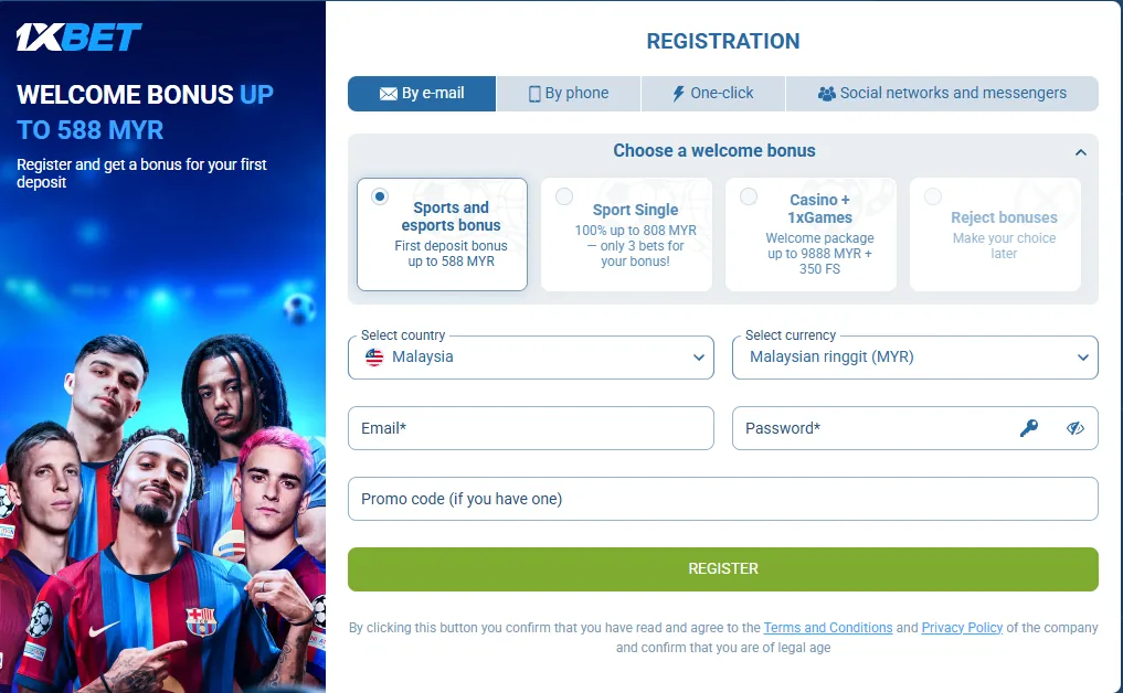 Borang pendaftaran 1xBet untuk Malaysia dengan pilihan bonus alu-aluan dan mata wang MYR
